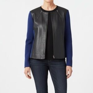 ST. JOHN LEATHER MILANO KNIT JACKET SIZE 16 COLOUR BLACK CAVIAR VIVID DENIM